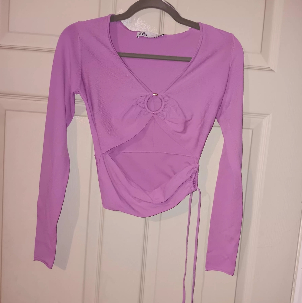 Zara Lilac Long Sleeve Open Middriff V Neck With Ring And Tye Side Top Sz S